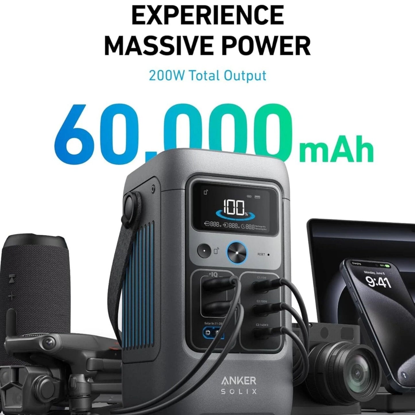 Anker SOLIX C200 DC Portable Power Station, 60000 mAh (192 Wh) 200W - Gray