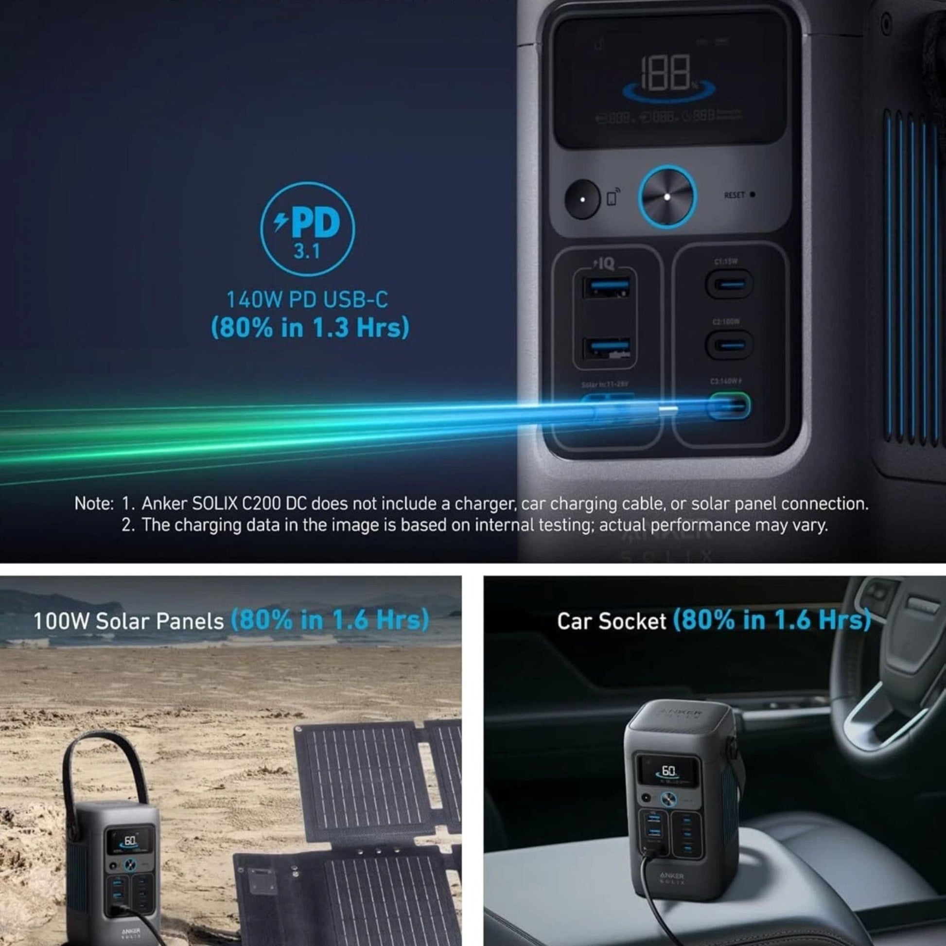 Anker SOLIX C200 DC Portable Power Station, 60000 mAh (192 Wh) 200W - Gray