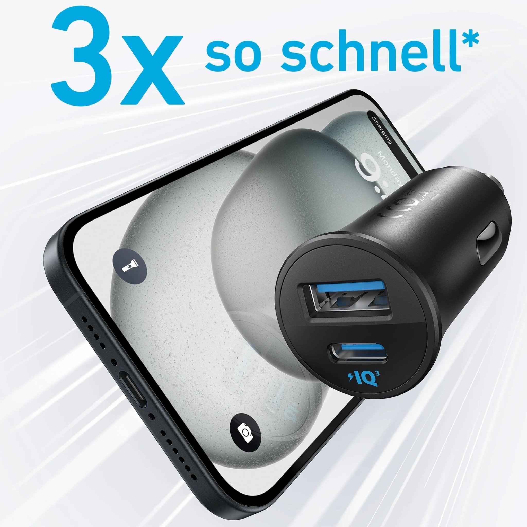 Anker Ultra-Compact 30W Car Charger with Type-C - Type-C and USB - Lightning Cables - Black