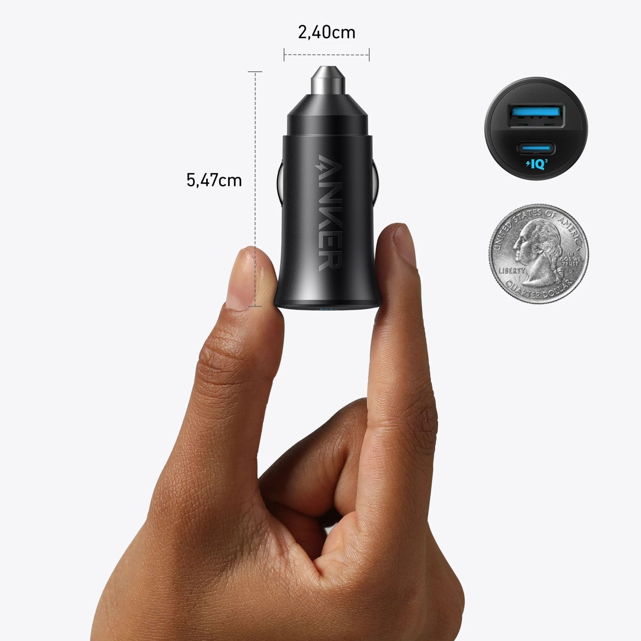 Anker Ultra-Compact 30W Car Charger with Type-C - Type-C and USB - Lightning Cables - Black