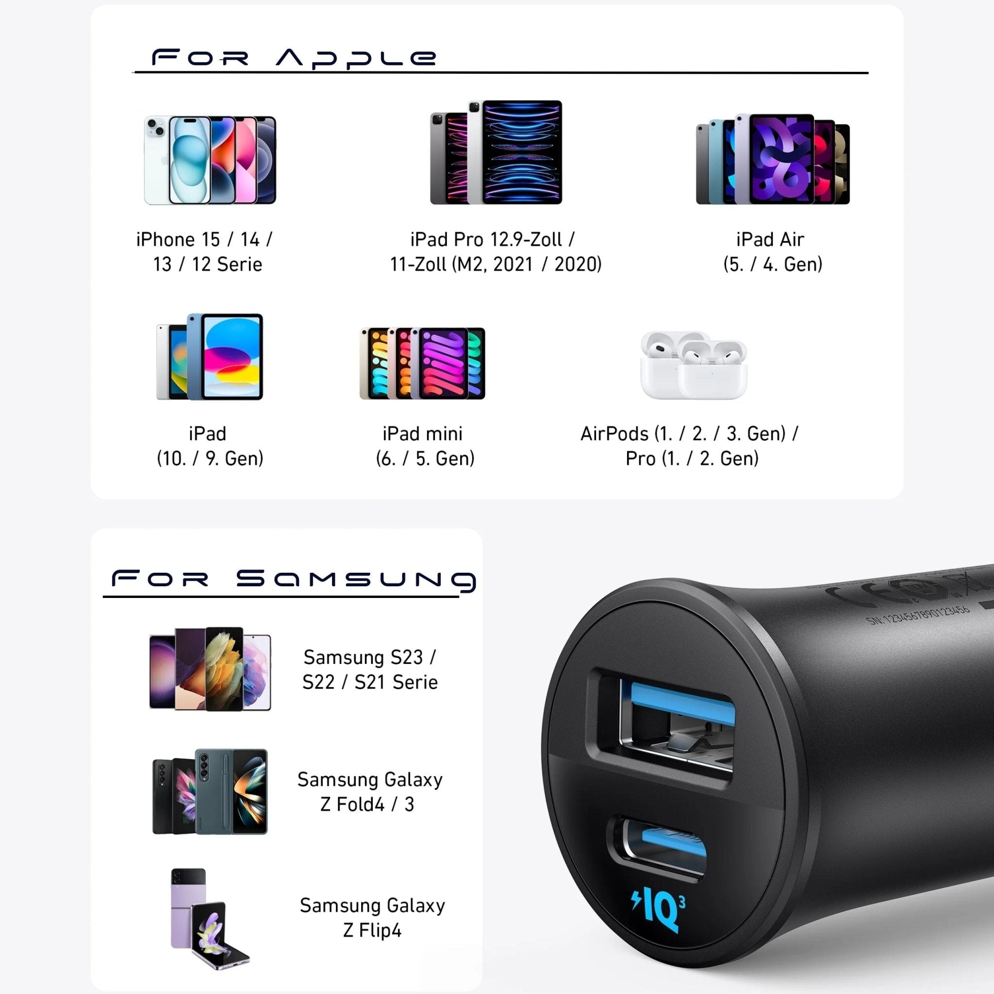 Anker Ultra-Compact 30W Car Charger with Type-C - Type-C and USB - Lightning Cables - Black