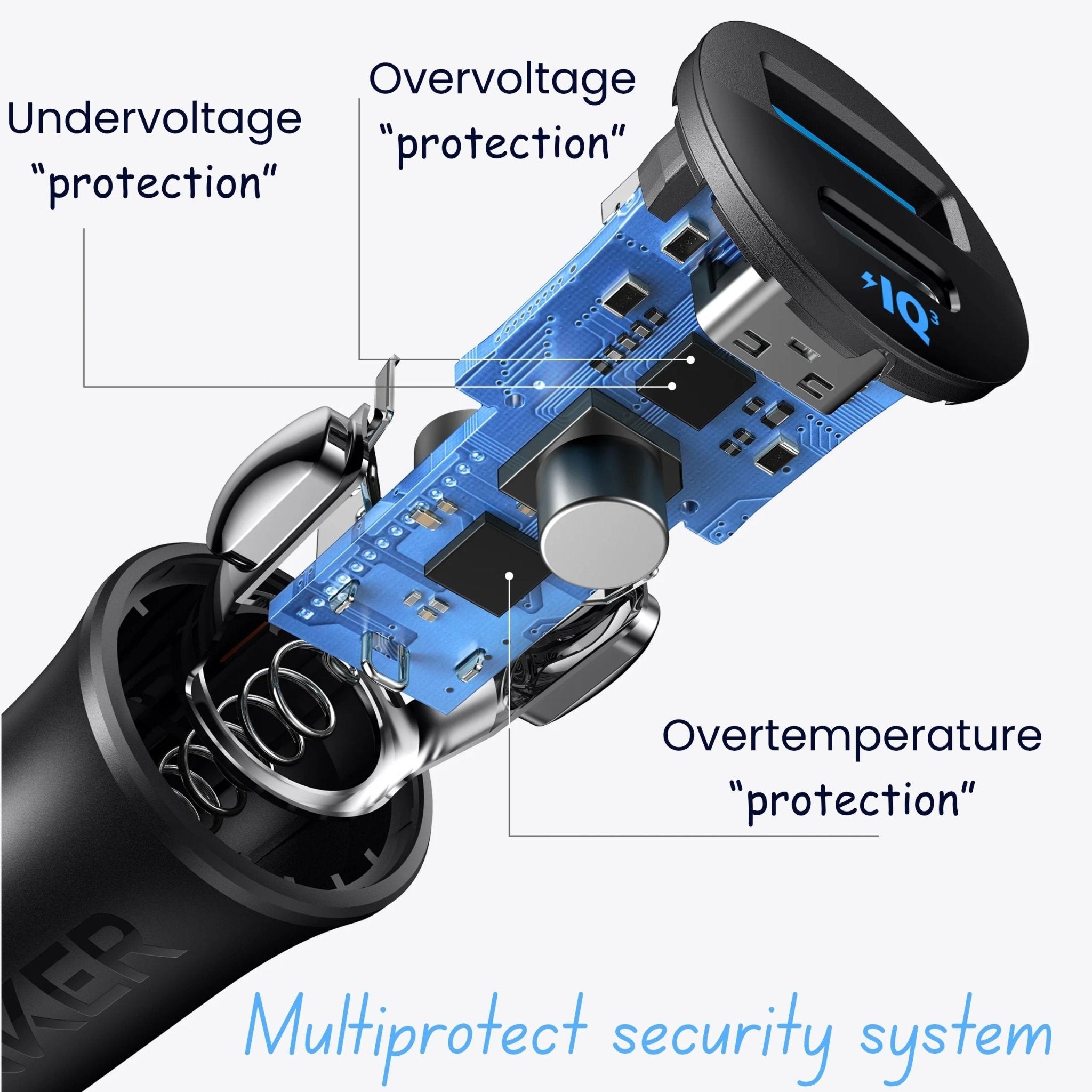 Anker Ultra-Compact 30W Car Charger with Type-C - Type-C and USB - Lightning Cables - Black