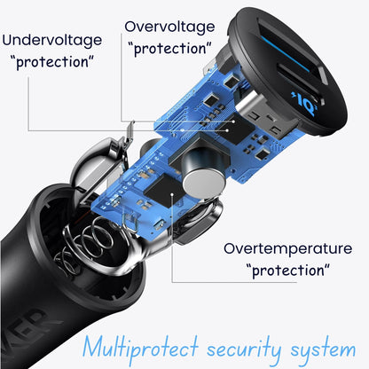 Anker Ultra-Compact 30W Car Charger with Type-C - Type-C and USB - Lightning Cables - Black