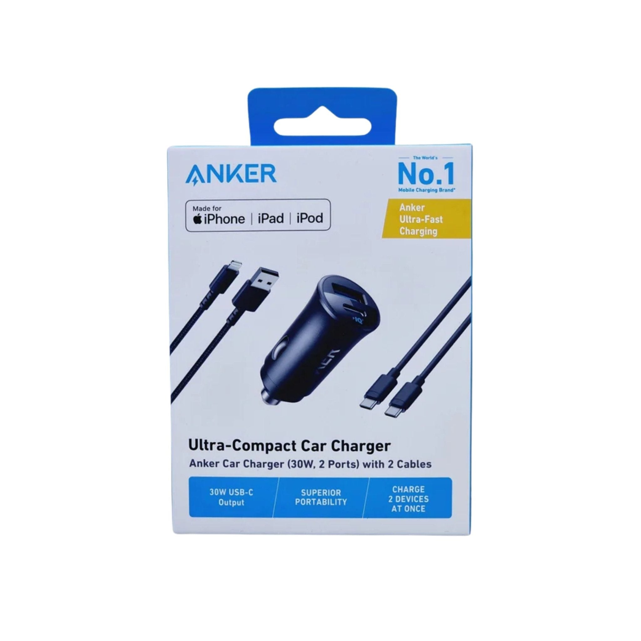 Anker Ultra-Compact 30W Car Charger with Type-C - Type-C and USB - Lightning Cables - Black
