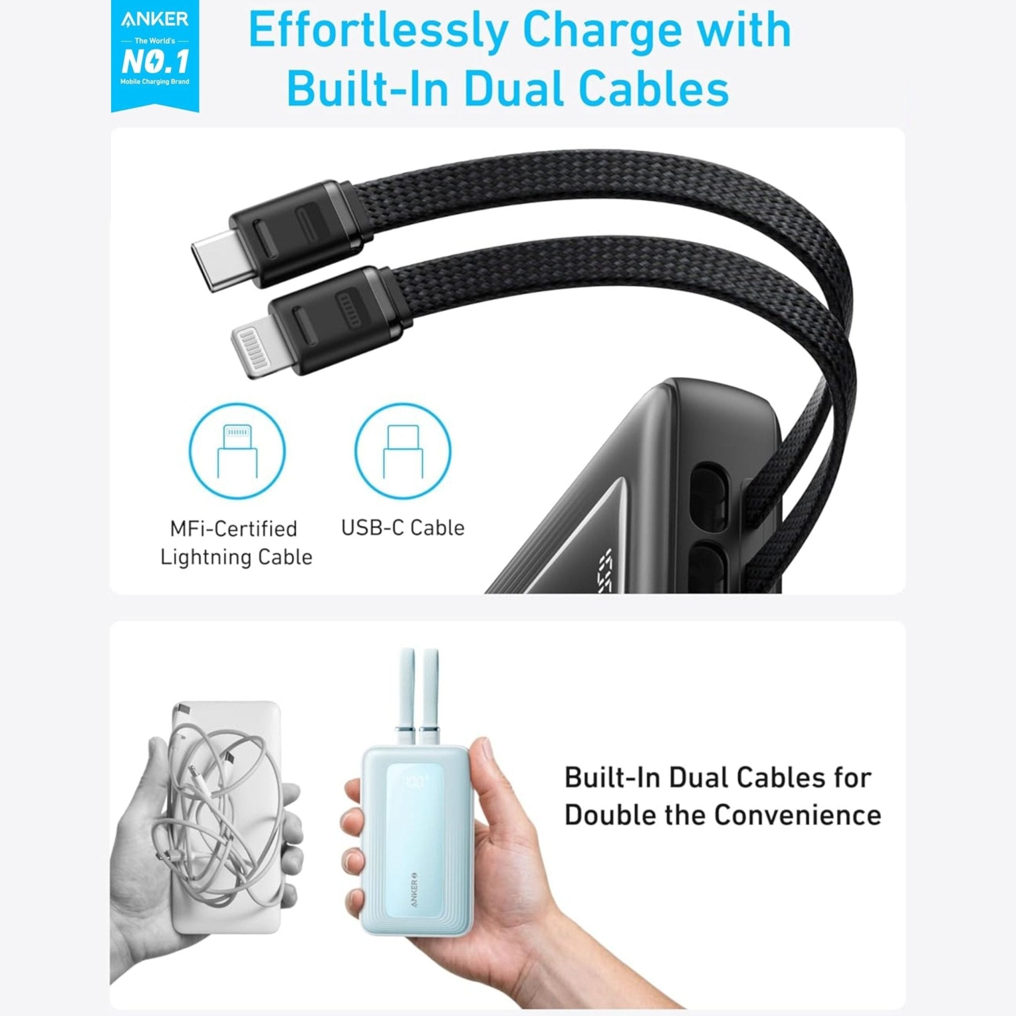 Anker Zolo Power Bank 20K 30W Built in USB-C and Mfi Certified Lightning Cable