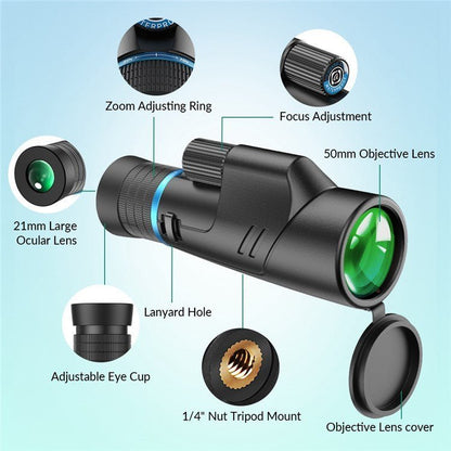 Apexel 10X-20X50 Zoom Monocular - Black