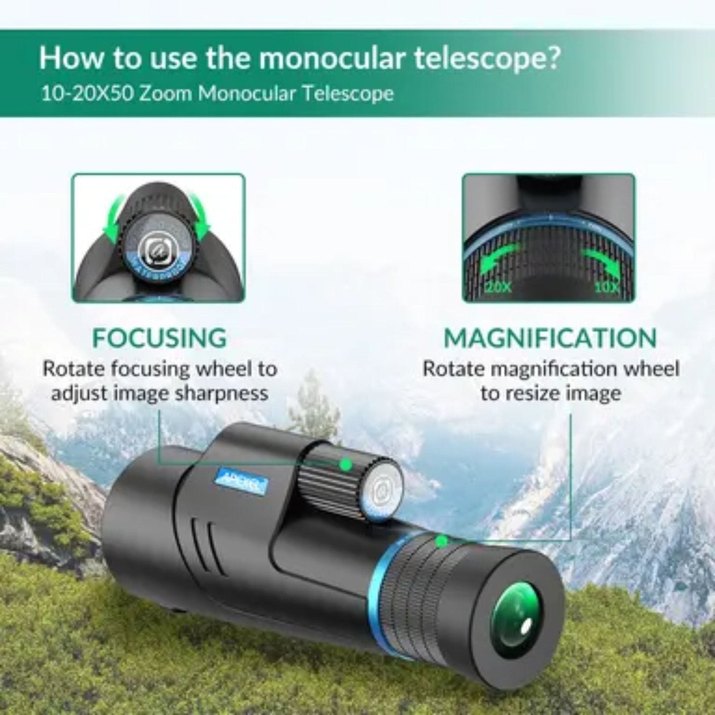 Apexel 10X-20X50 Zoom Monocular - Black