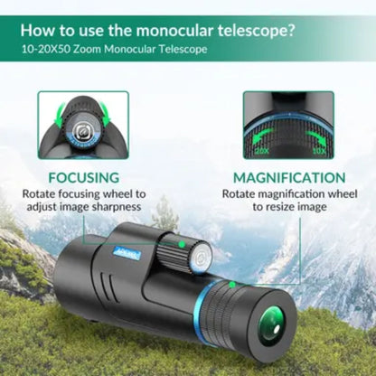 Apexel 10X-20X50 Zoom Monocular - Black
