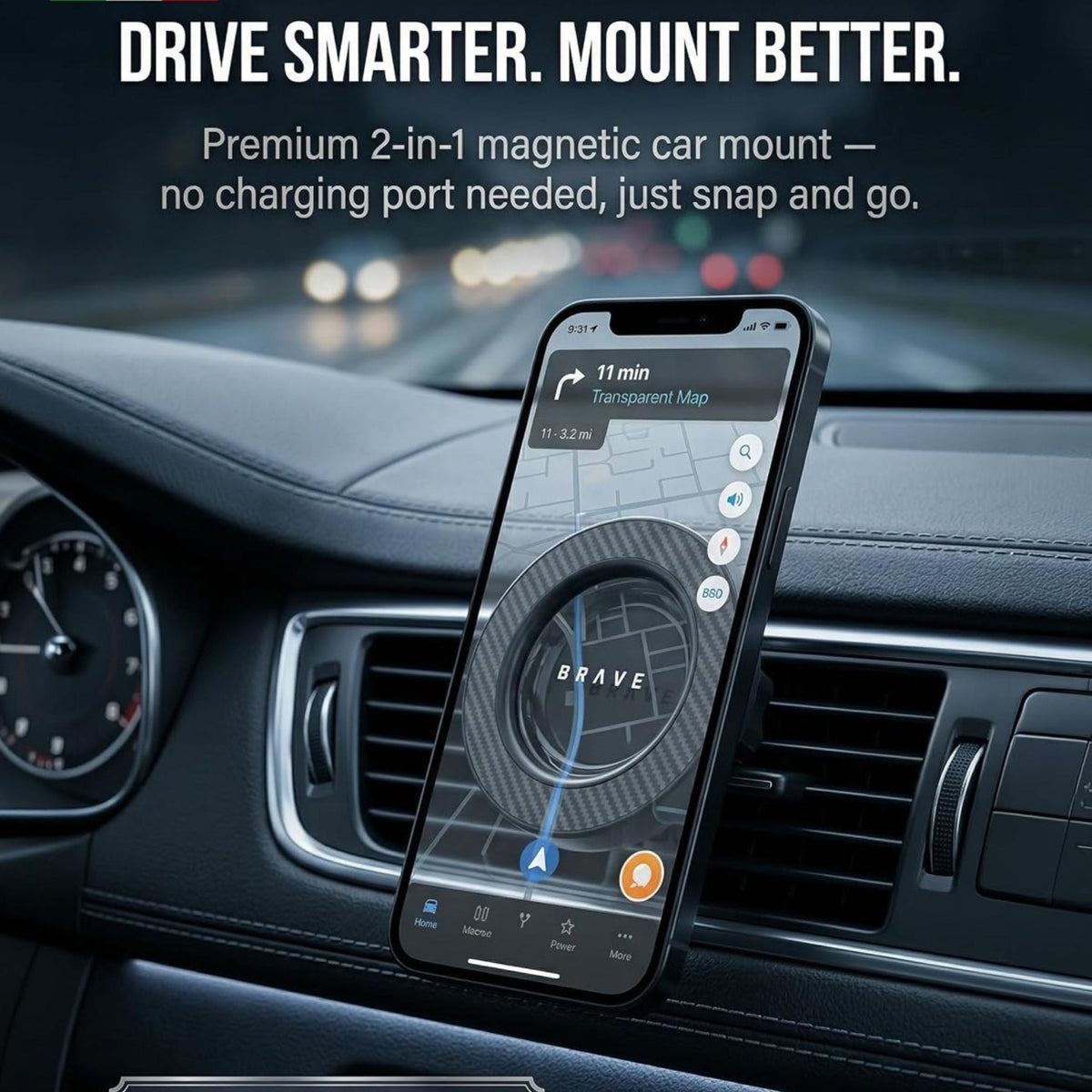 BRAVE 2-in-1 Universal Magnetic Car Mount BHL-61 - Black