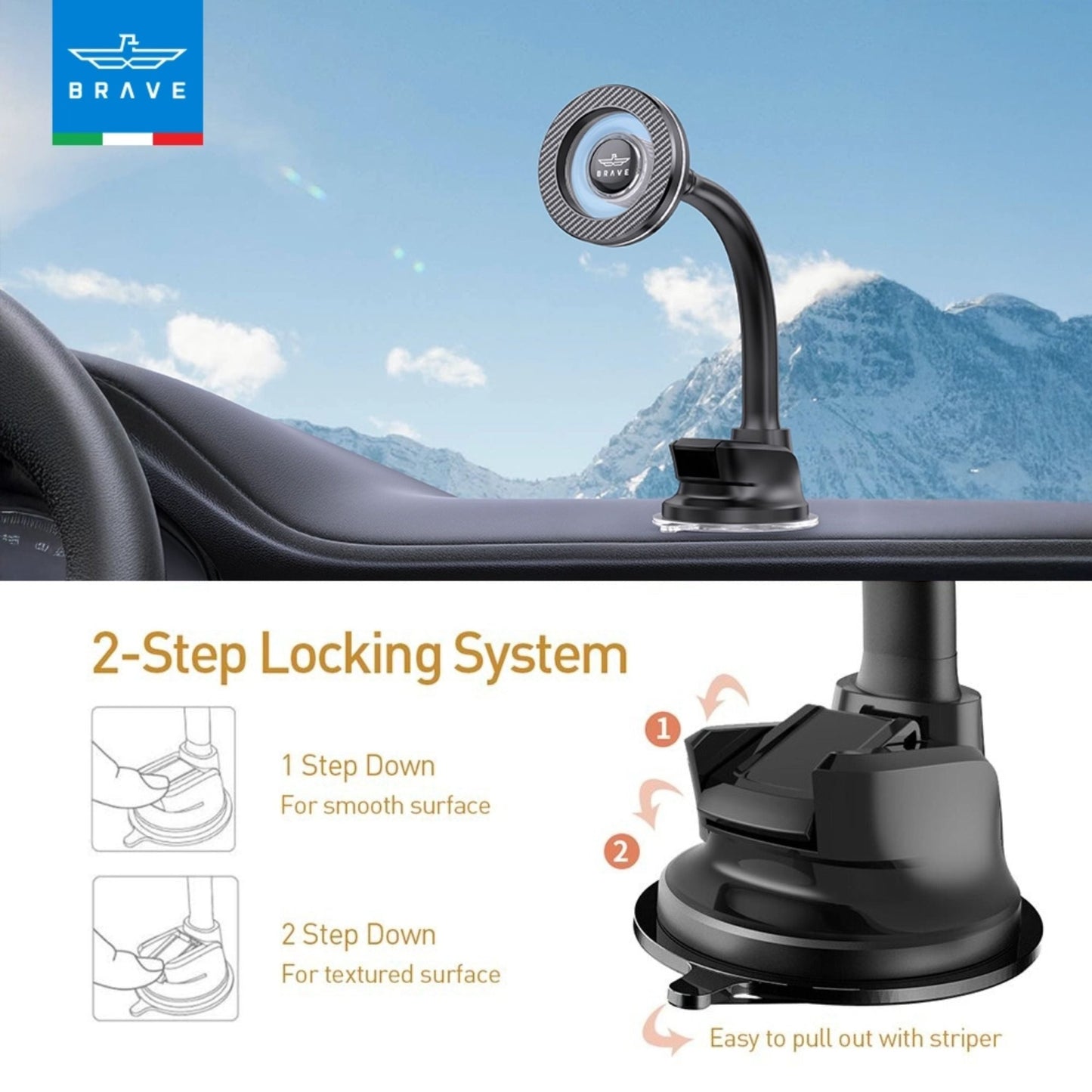 BRAVE Magnetic Car Phone Holder Dashboard & Windshield Mount BHL-57 - Black