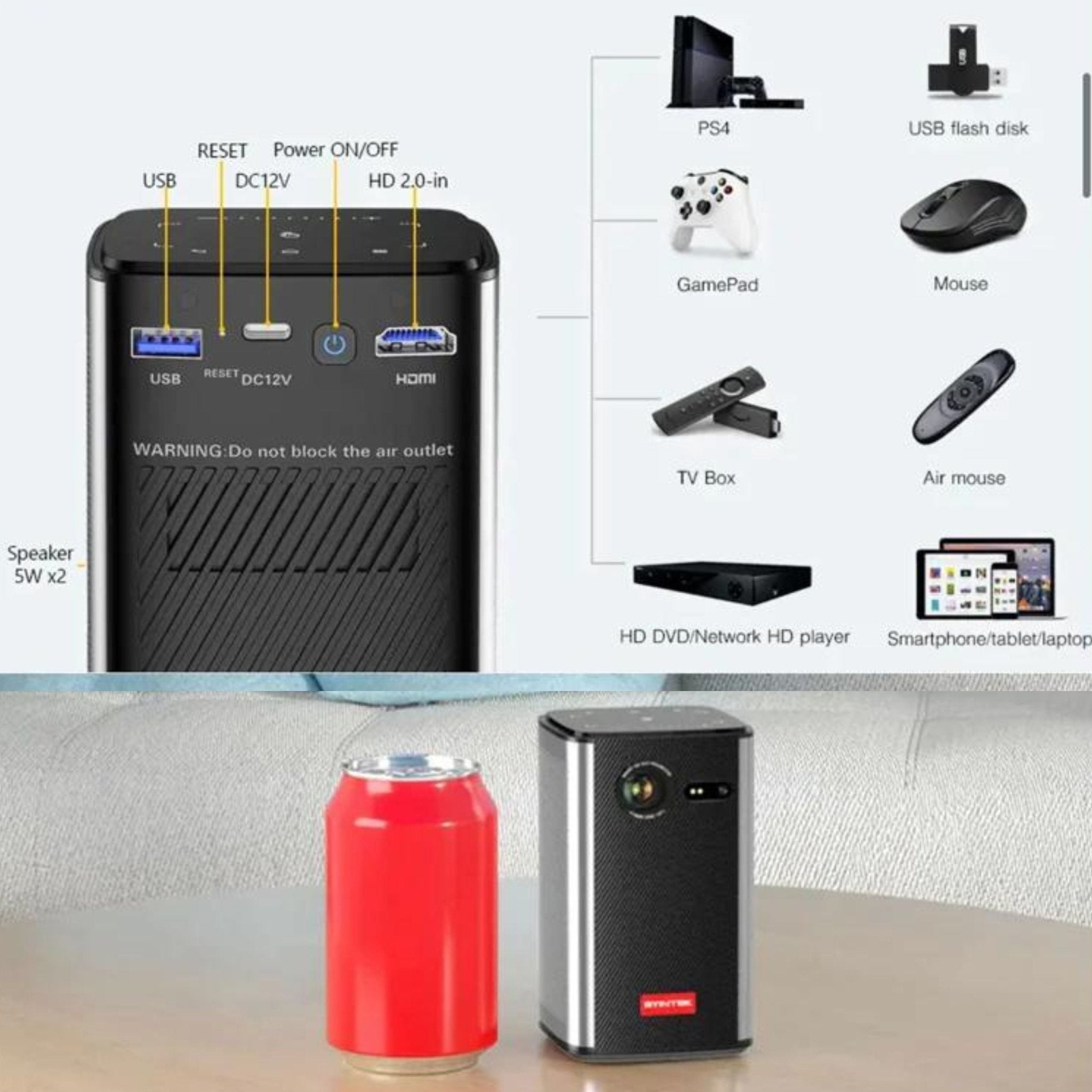 BYINTEK P70 Smart Wi-Fi Projector, 8000mAh Battery - Black