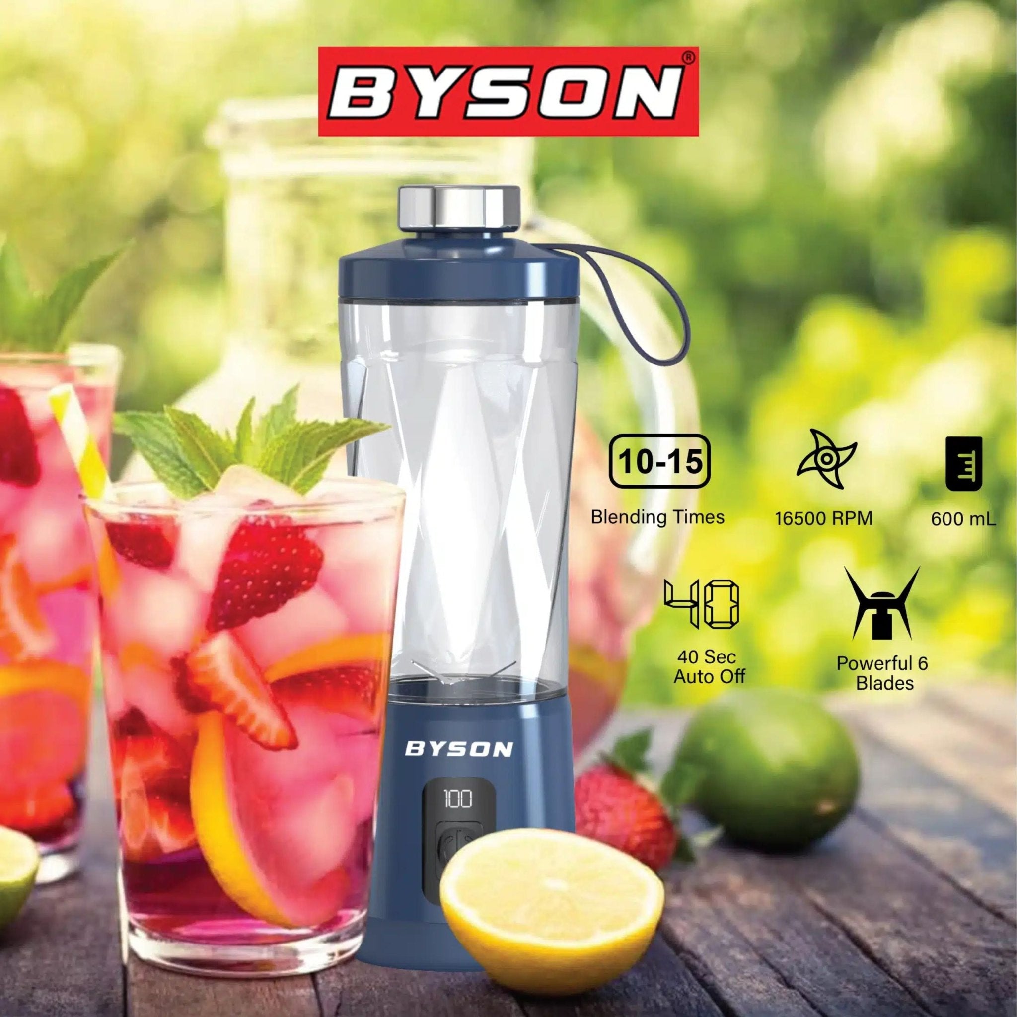 BYSON Portable Blendy Juicer With 6 Blades 600ml JU001 - Blue