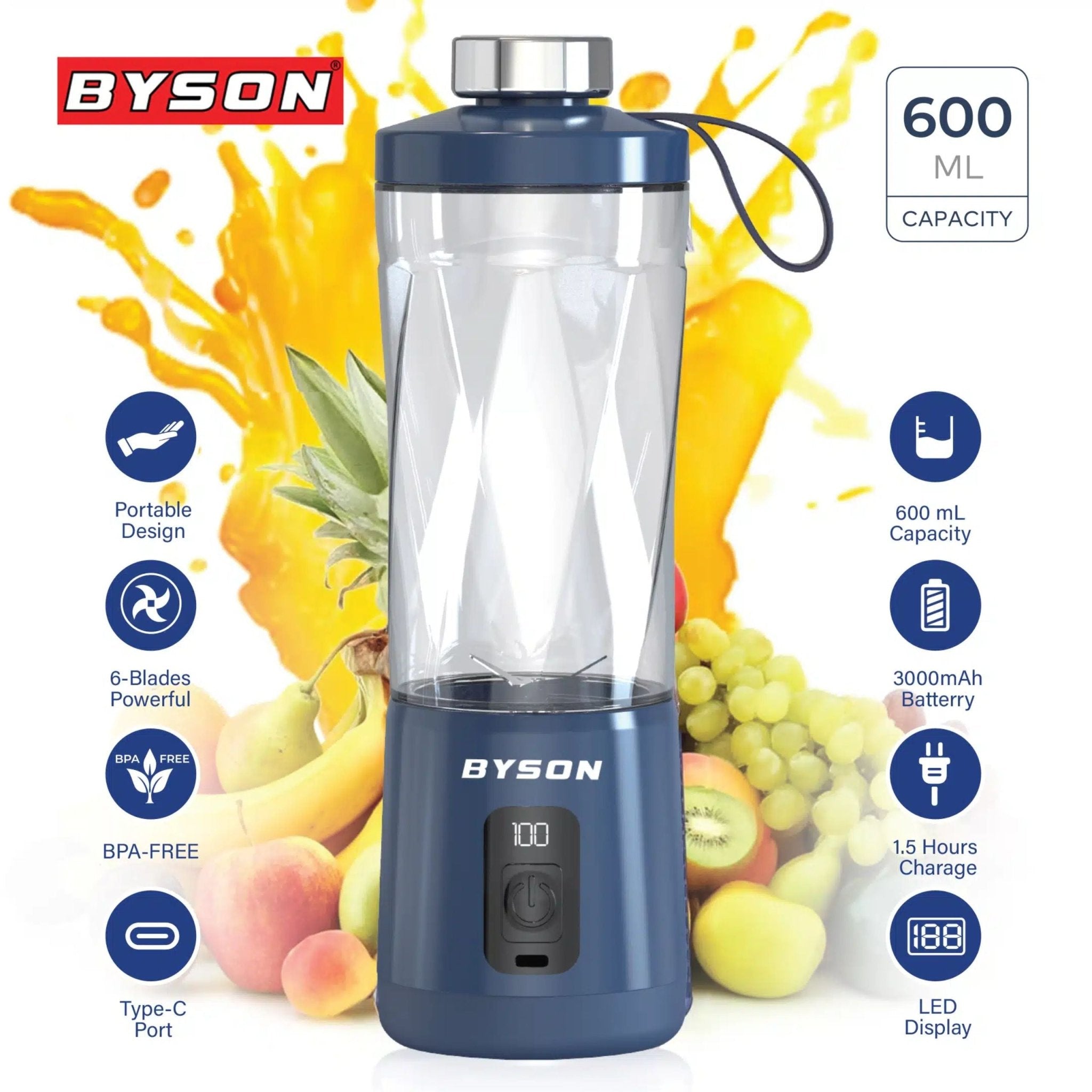 BYSON Portable Blendy Juicer With 6 Blades 600ml JU001 - Blue