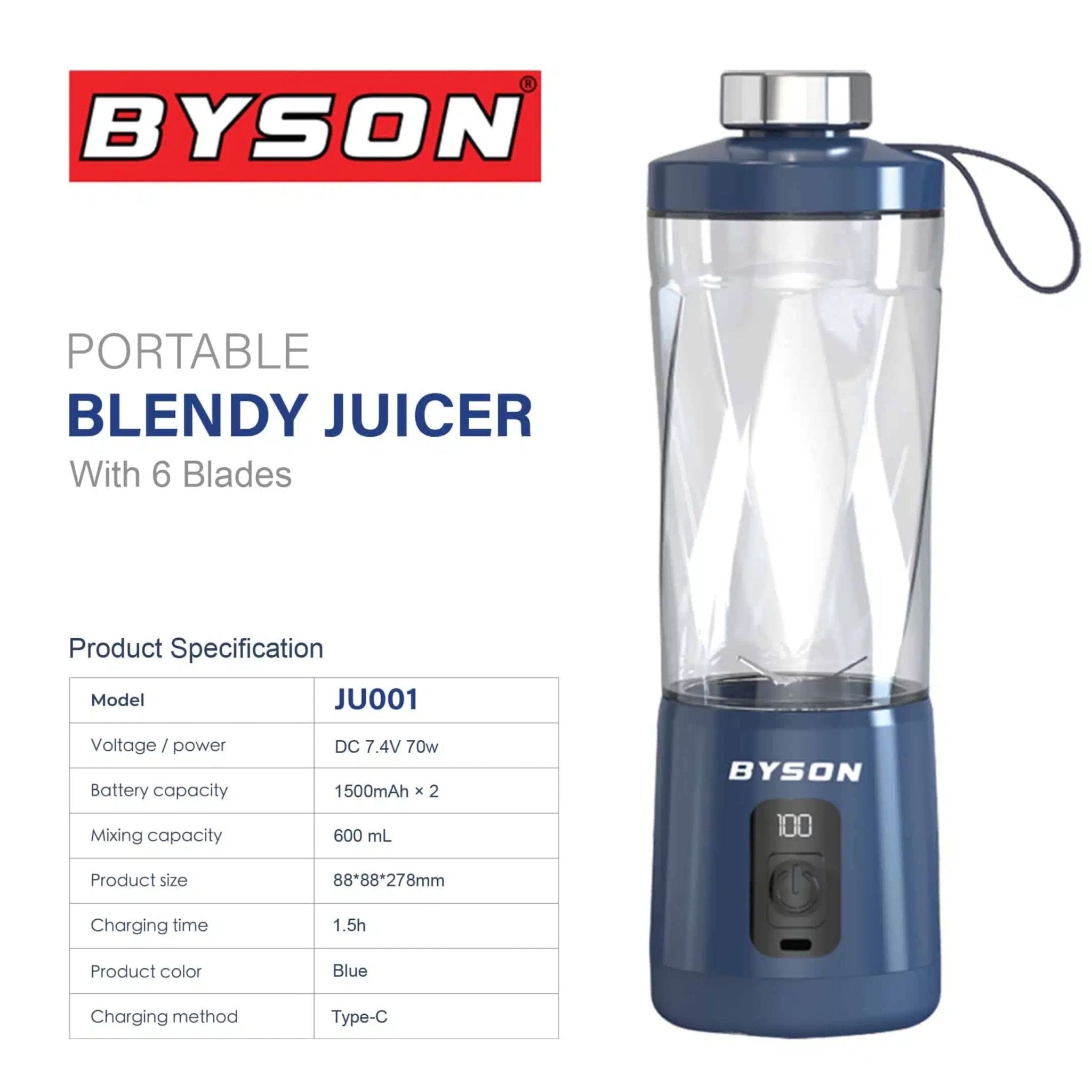 BYSON Portable Blendy Juicer With 6 Blades 600ml JU001 - Blue