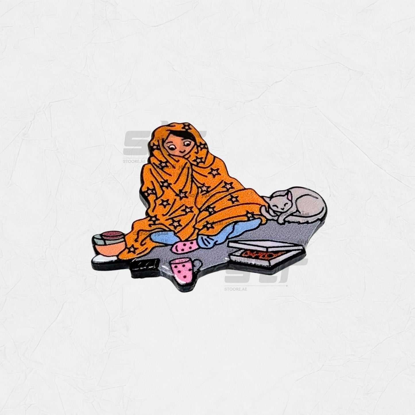 Badge Person Wrapped in a Blanket With a Cat