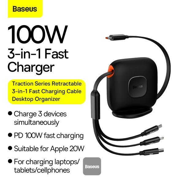 Baseus 3-in-1 Fast Charging Cable Desktop Organizer Type-c To Micro+Lightning+Type-c 100W