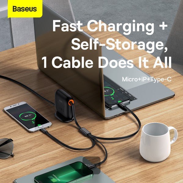 Baseus 3-in-1 Fast Charging Cable Desktop Organizer Type-c To Micro+Lightning+Type-c 100W