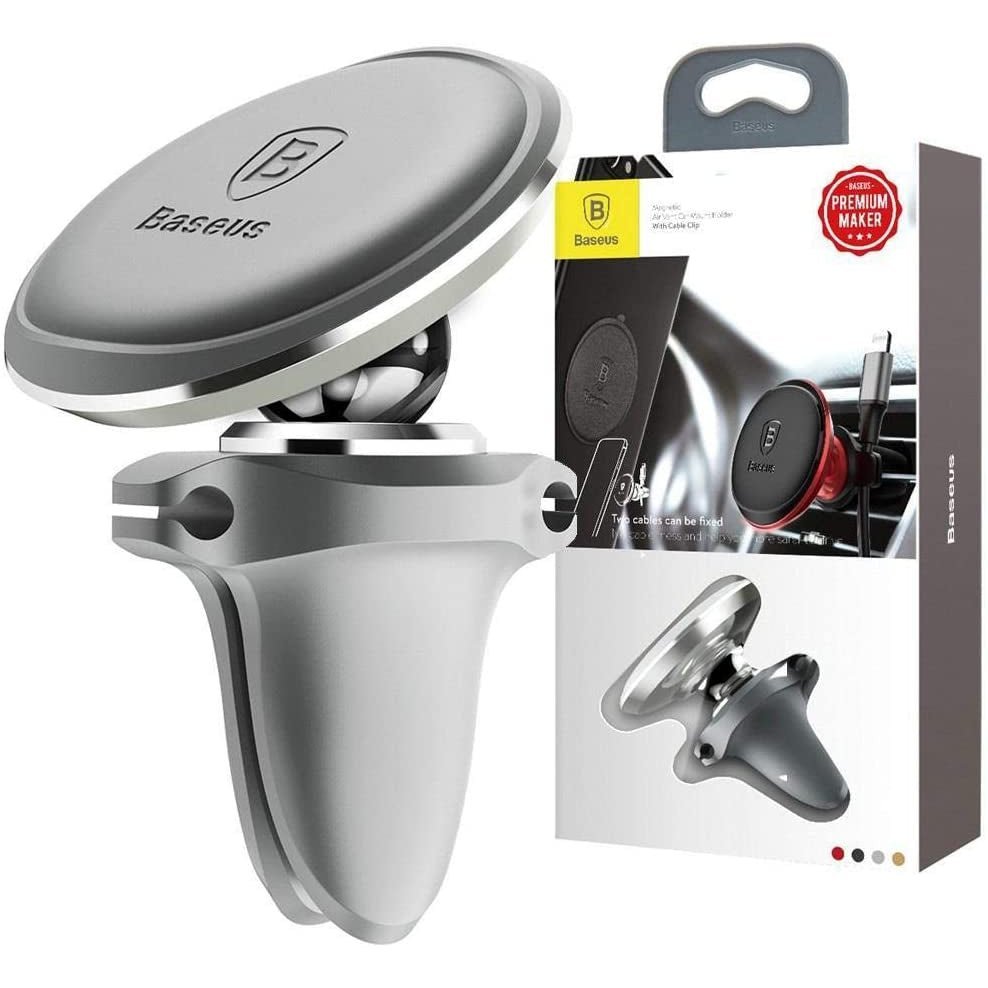 Baseus Magnetic Air Vent Car Mount Holder With Cable Clip - Silver