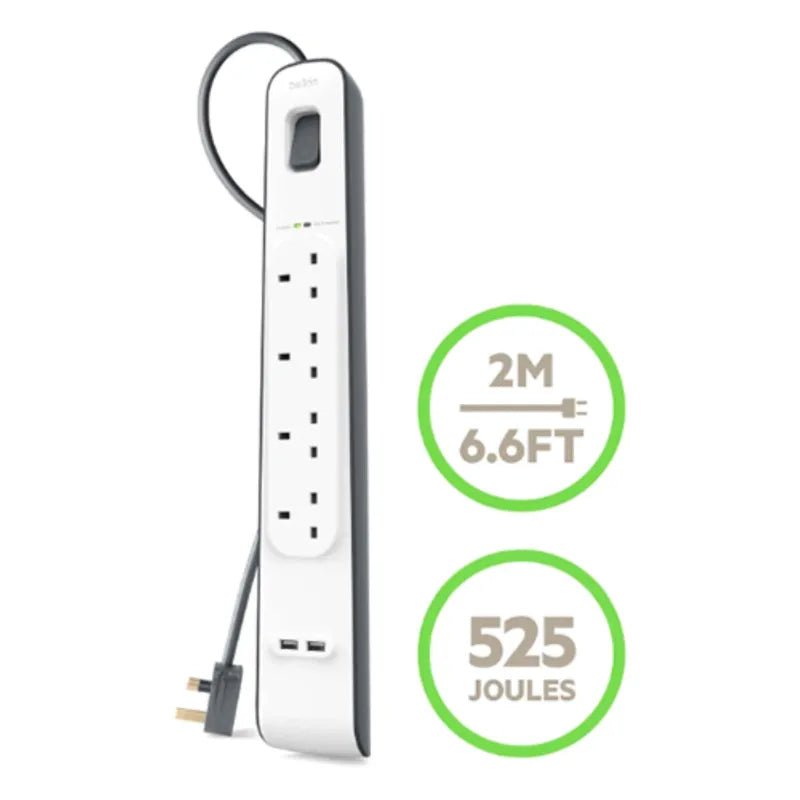 Belkin 4 Plug 2m Surge Protection Extension Lead Strip - White
