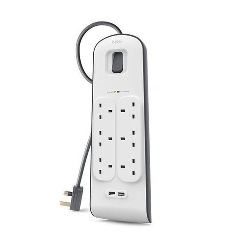 Belkin 6 Way Surge Protection Strip 2m with 2 USB Ports 2.4A Each Power Strip - White