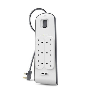 Belkin 6 Way Surge Protection Strip 2m with 2 USB Ports 2.4A Each Power Strip - White