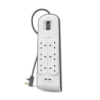 Belkin 6 Way Surge Protection Strip 2m with 2 USB Ports 2.4A Each Power Strip - White