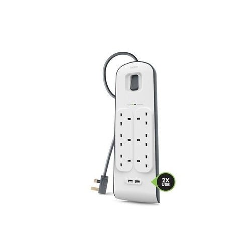 Belkin 6 Way Surge Protection Strip 2m with 2 USB Ports 2.4A Each Power Strip - White