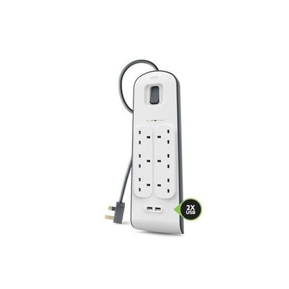 Belkin 6 Way Surge Protection Strip 2m with 2 USB Ports 2.4A Each Power Strip - White