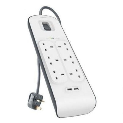 Belkin 6 Way Surge Protection Strip 2m with 2 USB Ports 2.4A Each Power Strip - White