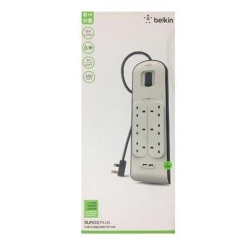 Belkin 6 Way Surge Protection Strip 2m with 2 USB Ports 2.4A Each Power Strip - White