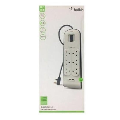 Belkin 6 Way Surge Protection Strip 2m with 2 USB Ports 2.4A Each Power Strip - White