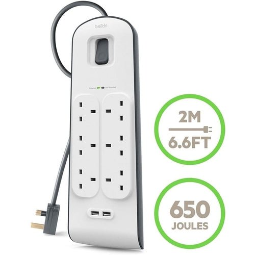 Belkin 6 Way Surge Protection Strip 2m with 2 USB Ports 2.4A Each Power Strip - White