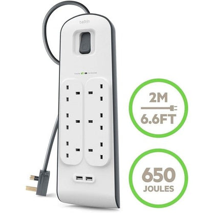 Belkin 6 Way Surge Protection Strip 2m with 2 USB Ports 2.4A Each Power Strip - White
