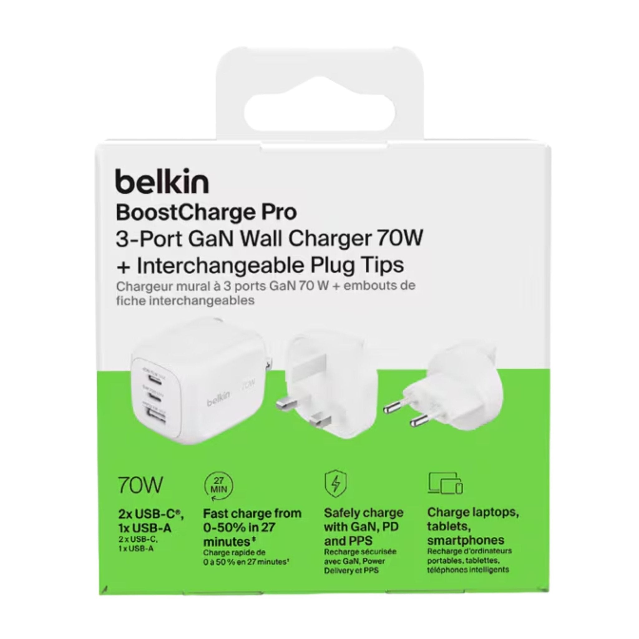 Belkin BoostCharge Pro 3-Port GaN Wall Charger 100W + Interchangeable Plug Tip UK, EU, US - White