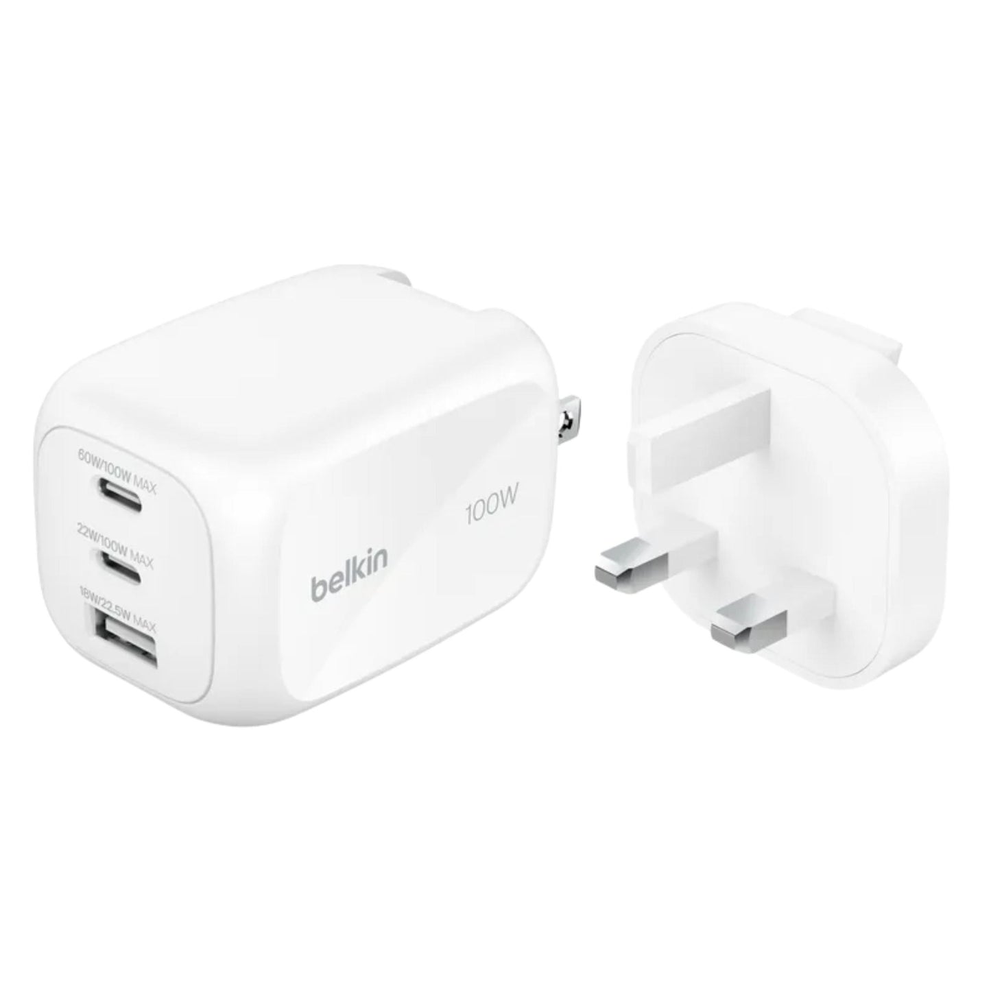 Belkin BoostCharge Pro 3-Port GaN Wall Charger 100W + Interchangeable Plug Tip UK, EU, US - White