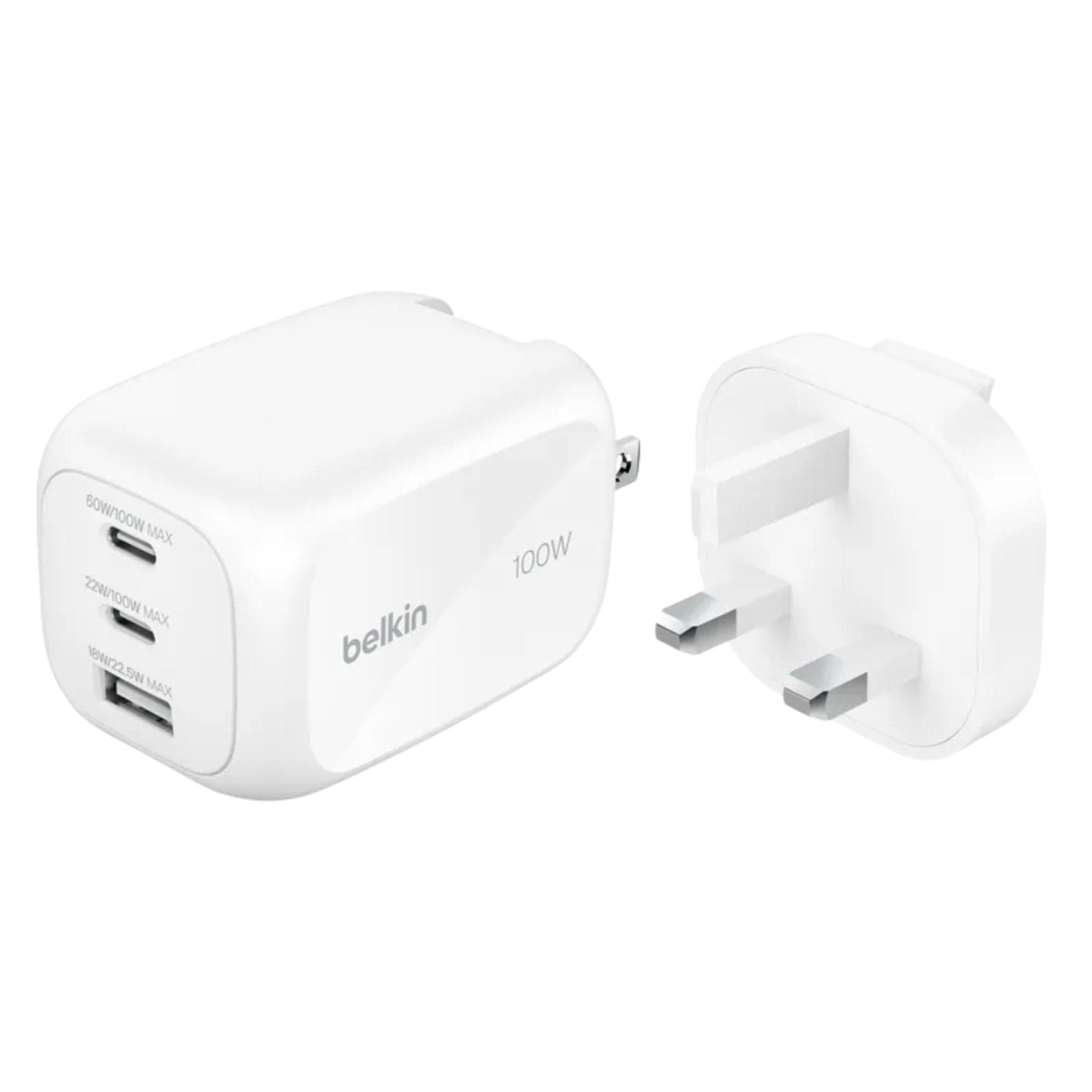 Belkin BoostCharge Pro 3-Port GaN Wall Charger 100W + Interchangeable Plug Tip UK, EU, US - White