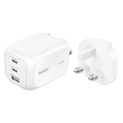 Belkin BoostCharge Pro 3-Port GaN Wall Charger 100W + Interchangeable Plug Tip UK, EU, US - White