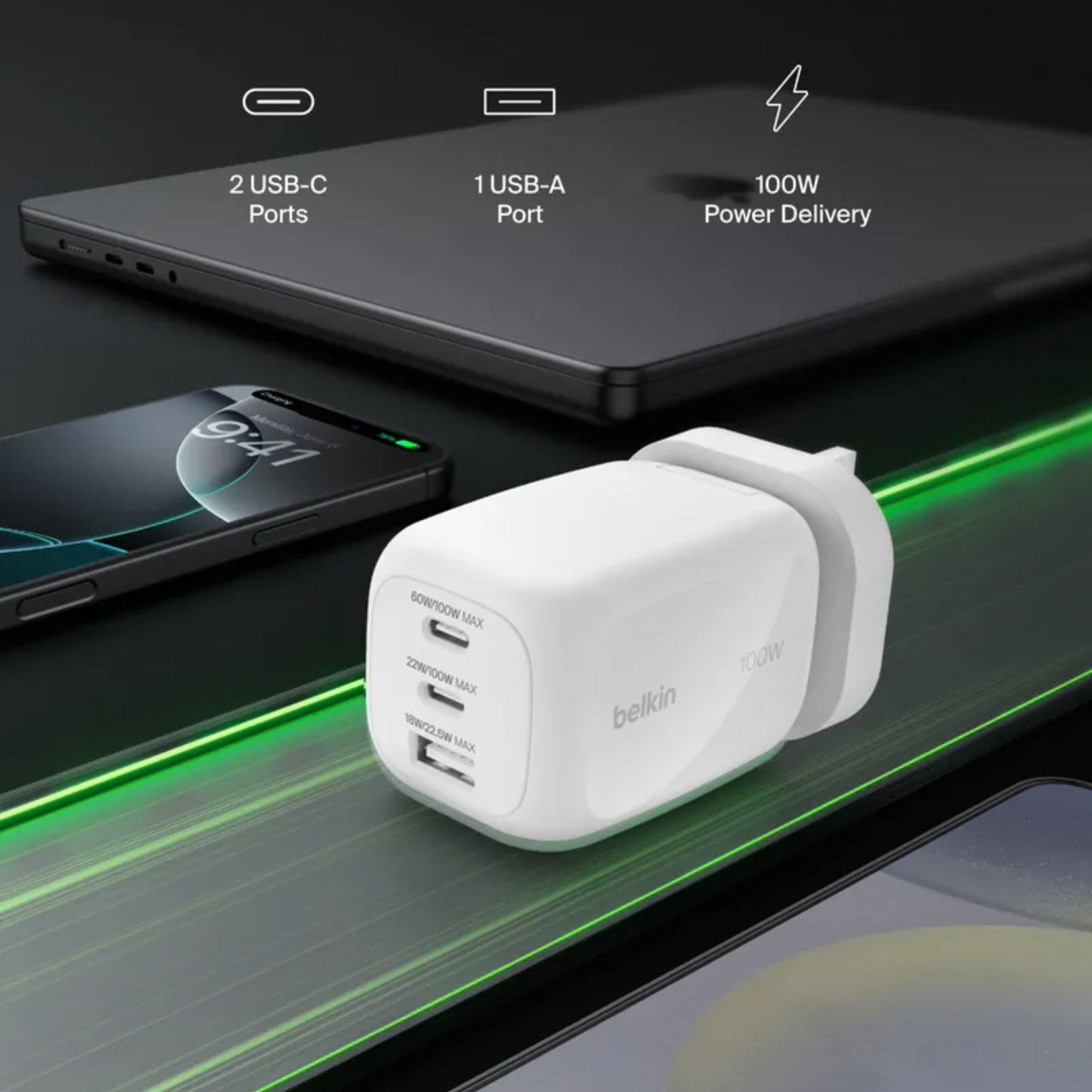 Belkin BoostCharge Pro 3-Port GaN Wall Charger 100W + Interchangeable Plug Tip UK, EU, US - White