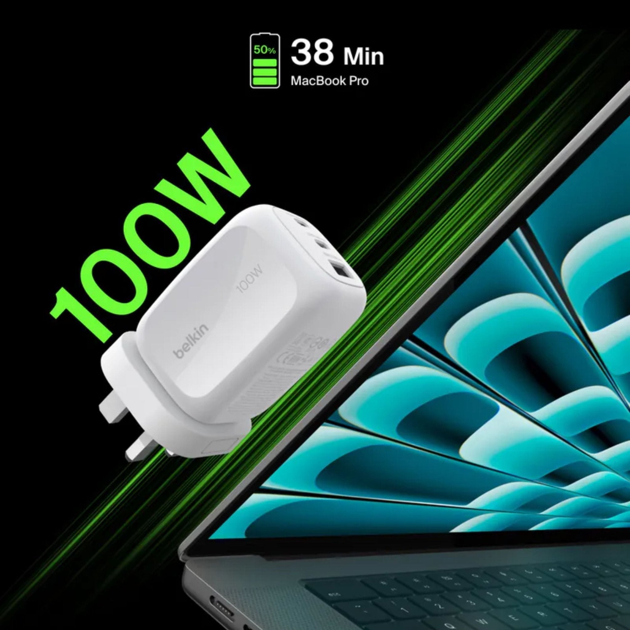 Belkin BoostCharge Pro 3-Port GaN Wall Charger 100W + Interchangeable Plug Tip UK, EU, US - White