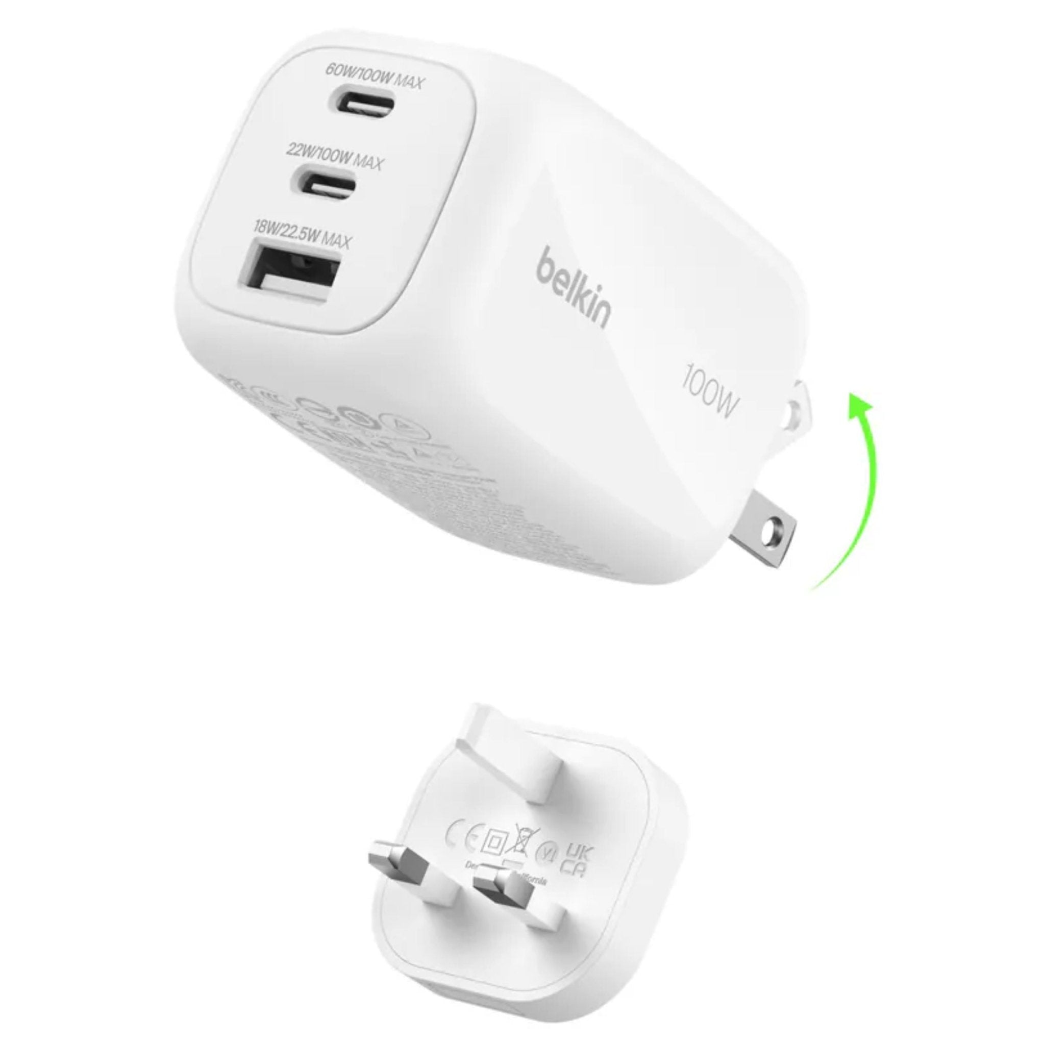 Belkin BoostCharge Pro 3-Port GaN Wall Charger 100W + Interchangeable Plug Tip UK, EU, US - White