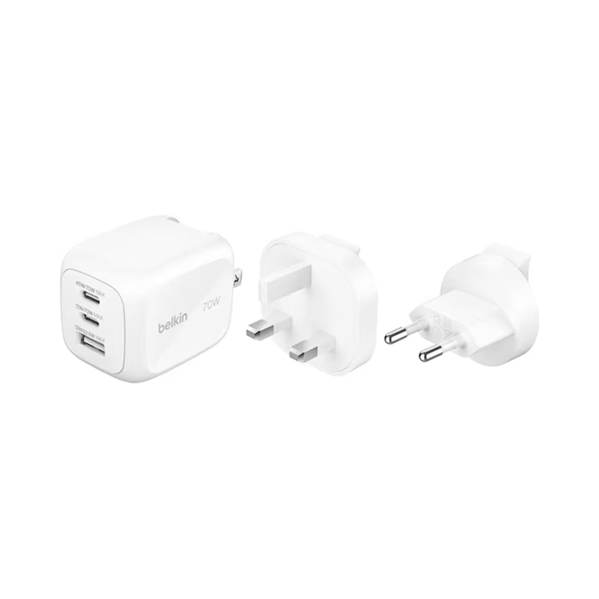 Belkin BoostCharge Pro 3-Port GaN Wall Charger 100W + Interchangeable Plug Tip UK, EU, US - White