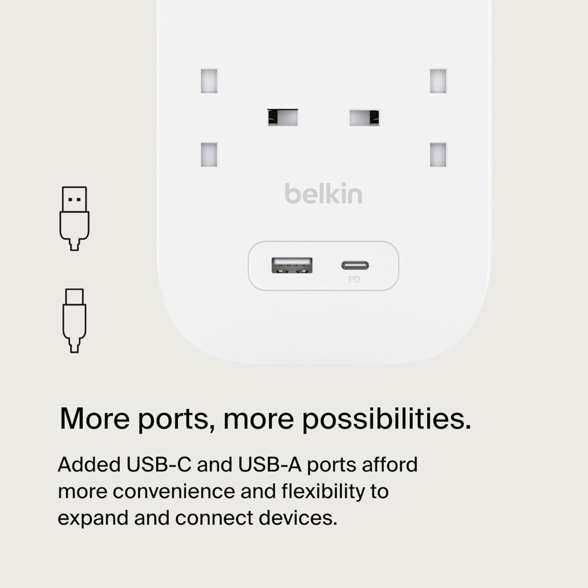 Belkin Connect Surge Protector (8 Outlets with USB-C & USB-A Ports) 2M Cable - White