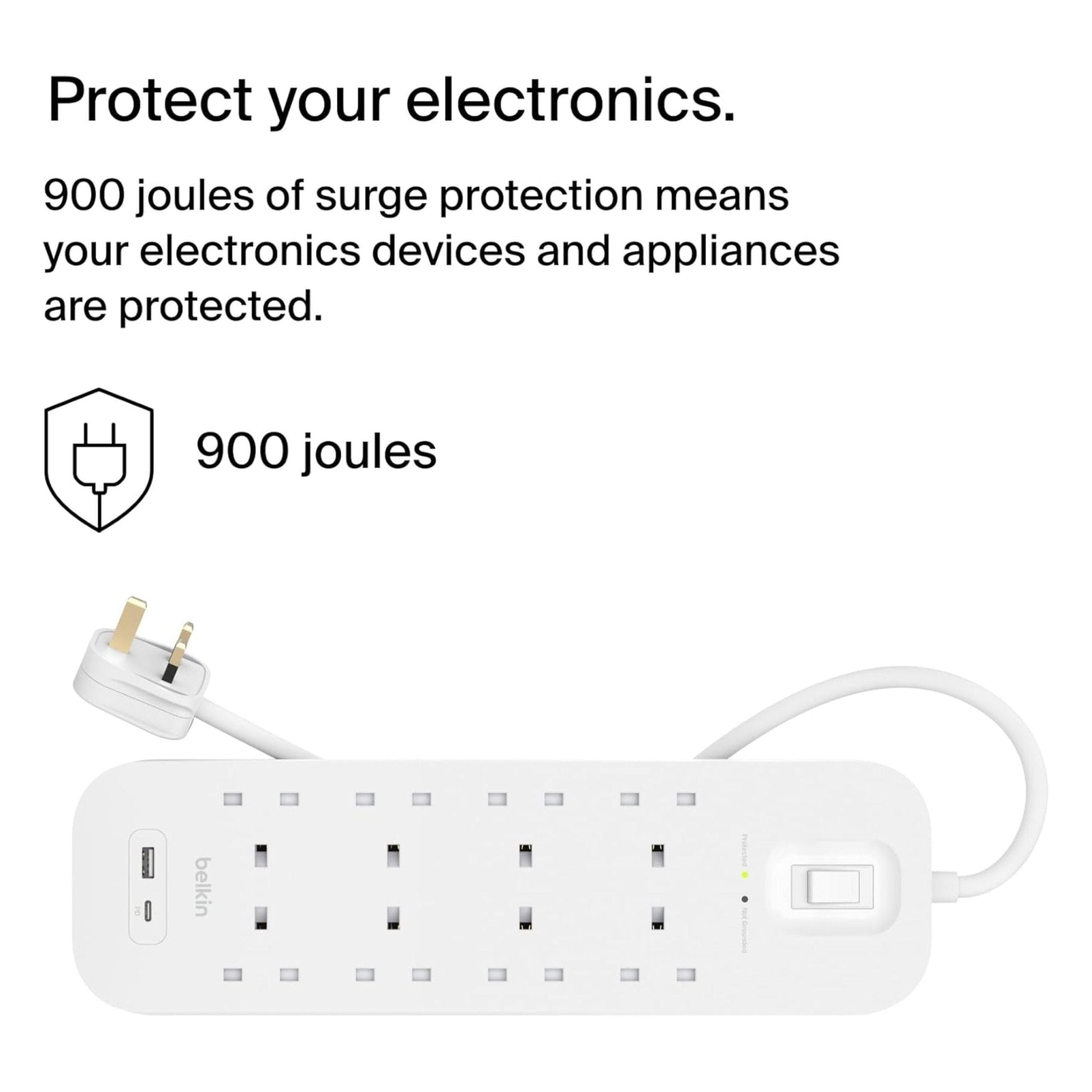 Belkin Connect Surge Protector (8 Outlets with USB-C & USB-A Ports) 2M Cable - White