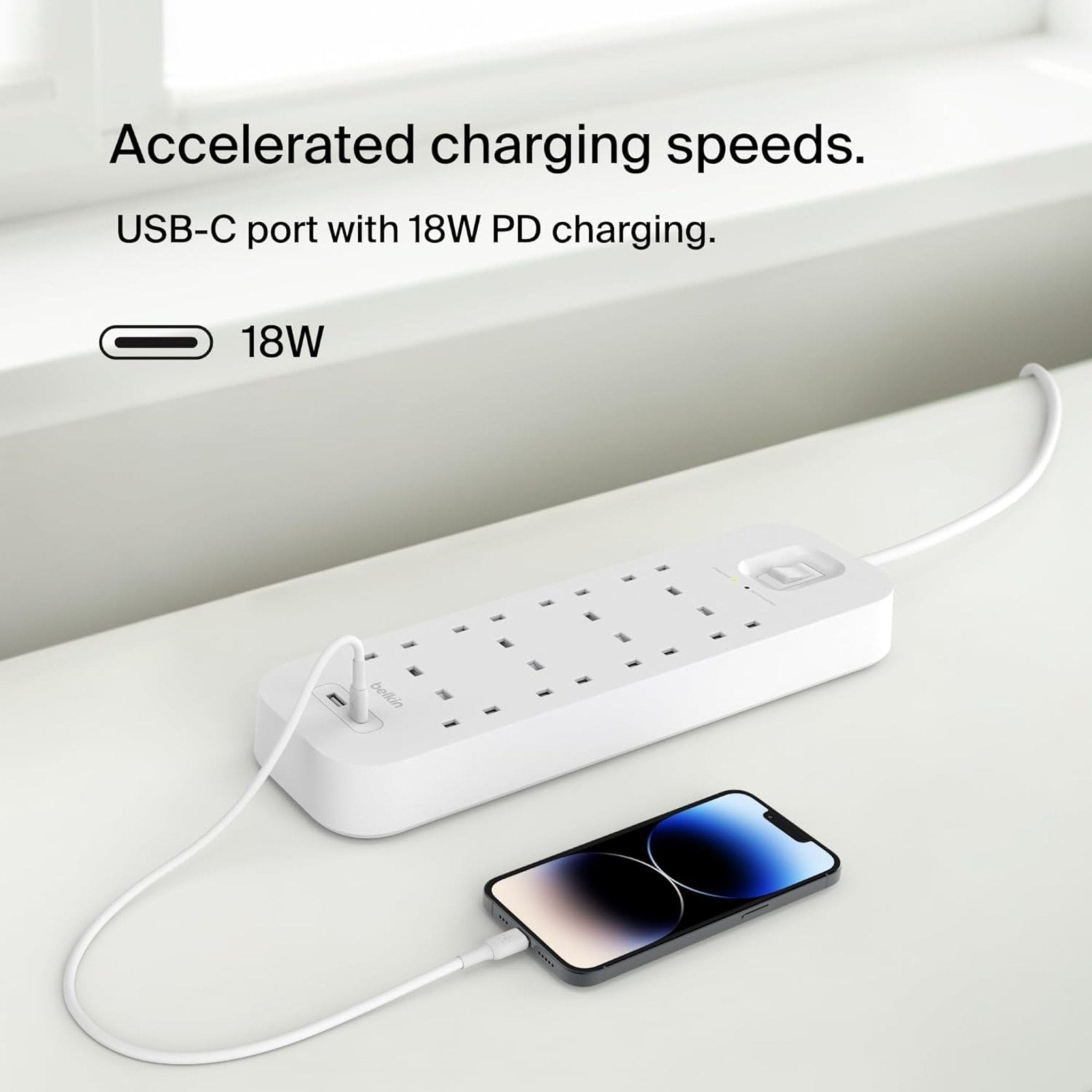 Belkin Connect Surge Protector (8 Outlets with USB-C & USB-A Ports) 2M Cable - White