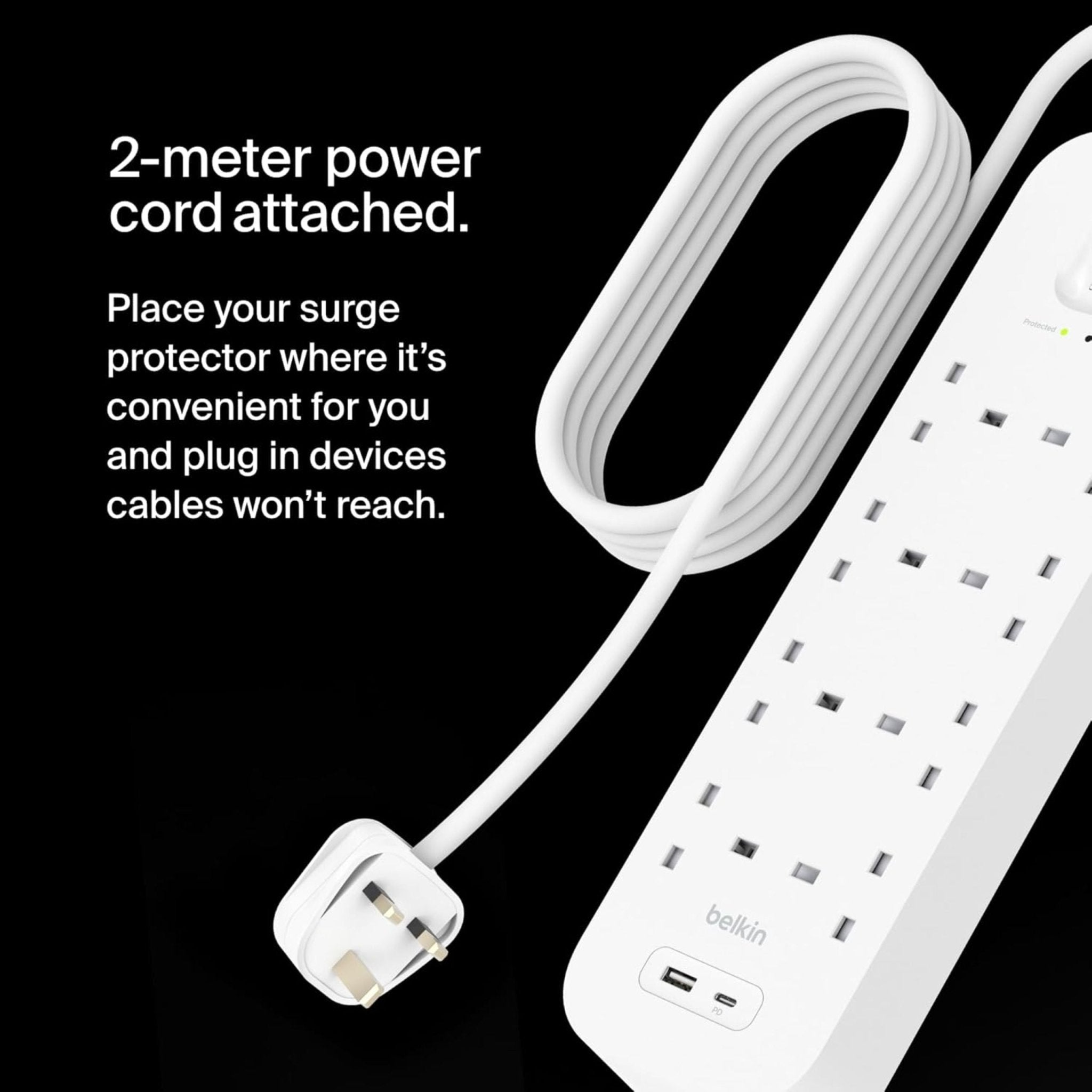 Belkin Connect Surge Protector (8 Outlets with USB-C & USB-A Ports) 2M Cable - White