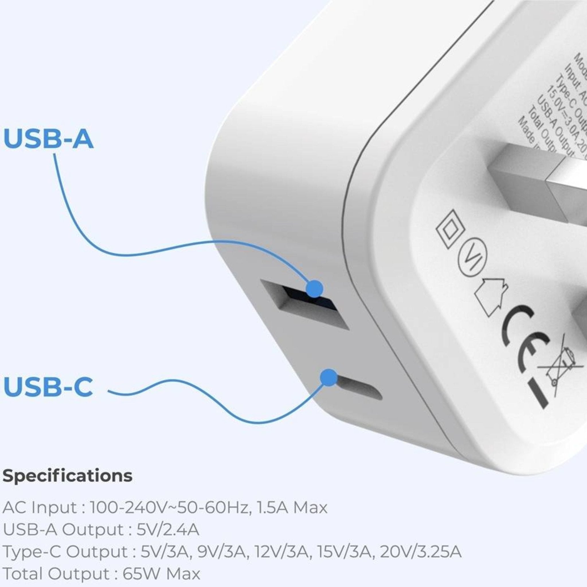 Blupebble 2-Port PD Gan Fast Charger 65W - White