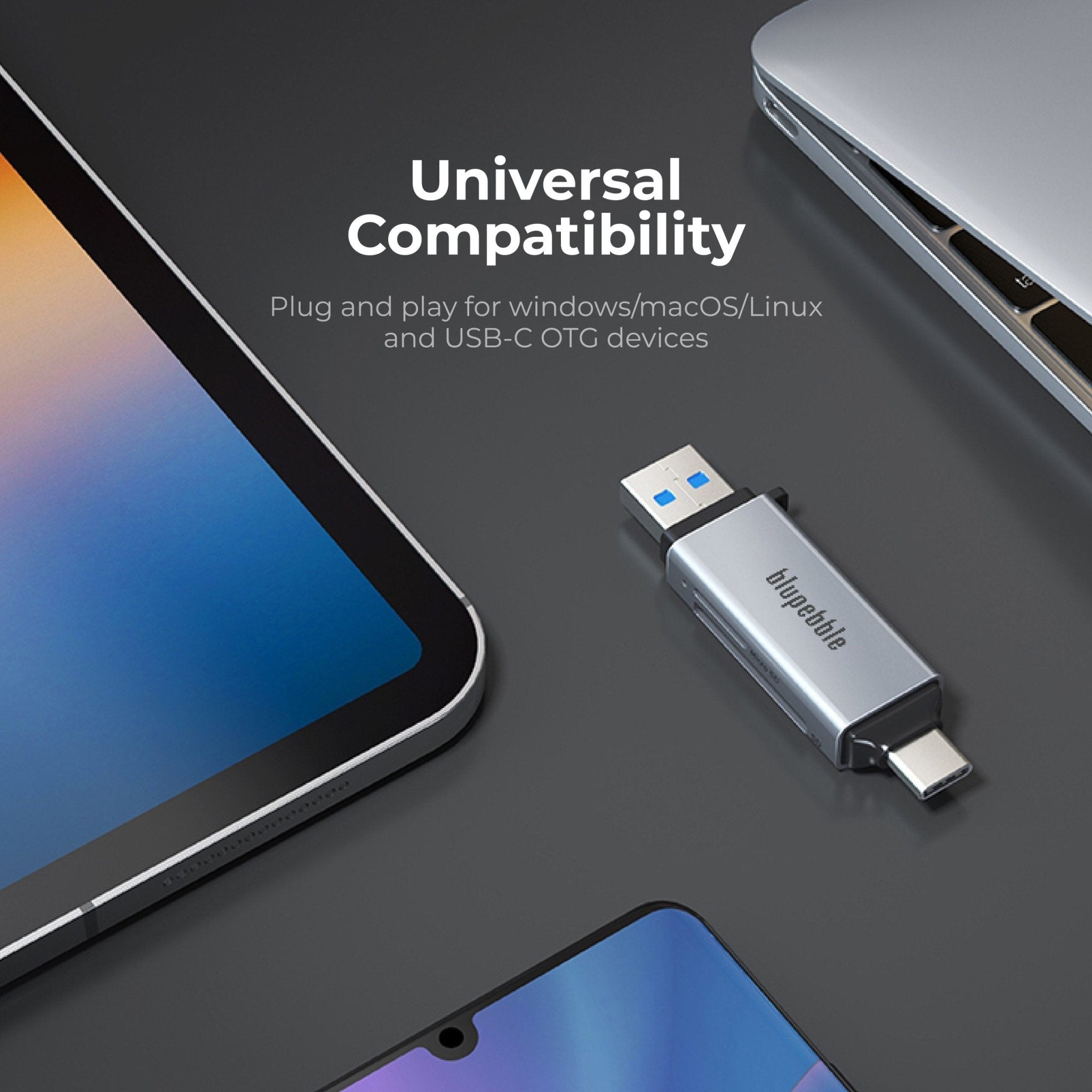 Blupebble 2in 1 USB A+ USB-C Card Reader SD/TF 5Gbps - Gray