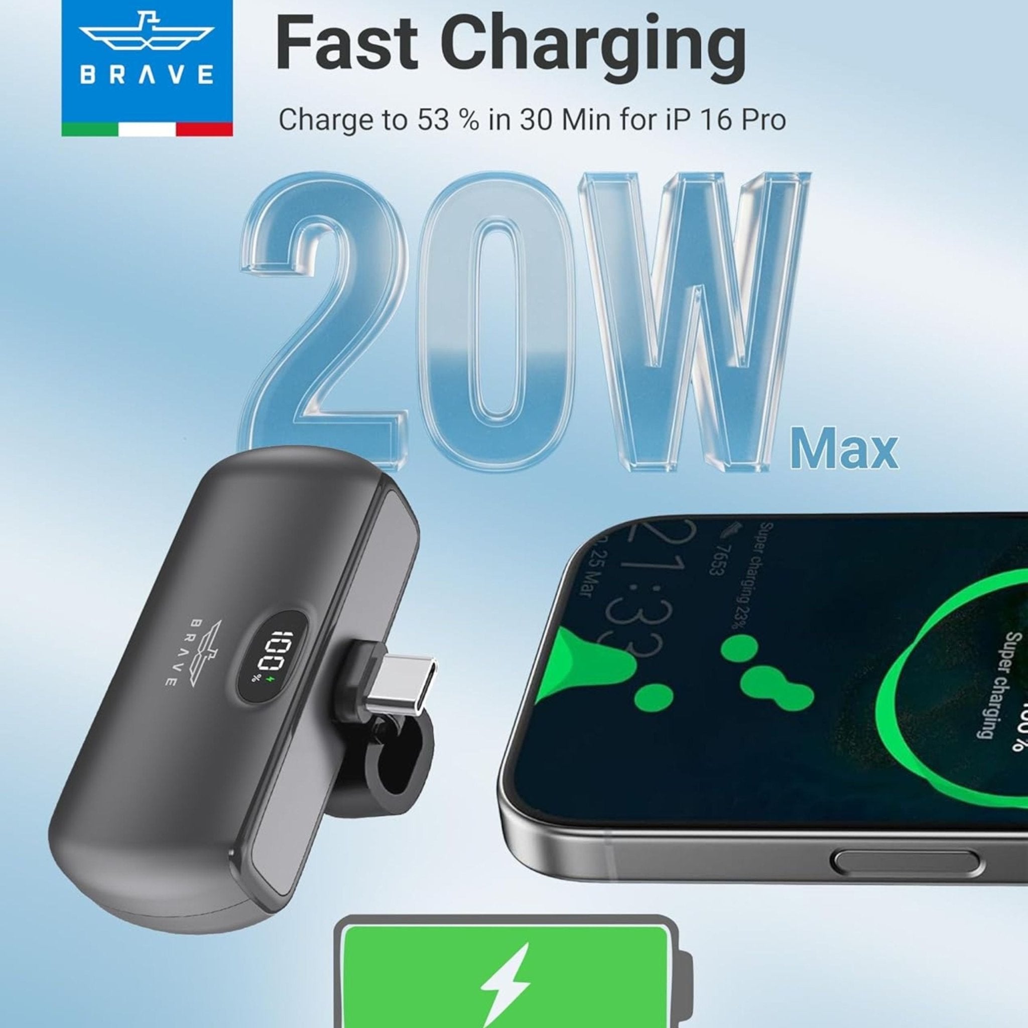 Brave 5000mAh Pocket Pro Mini Portable Power Bank 20W Type-C Connector BP-29 - Black