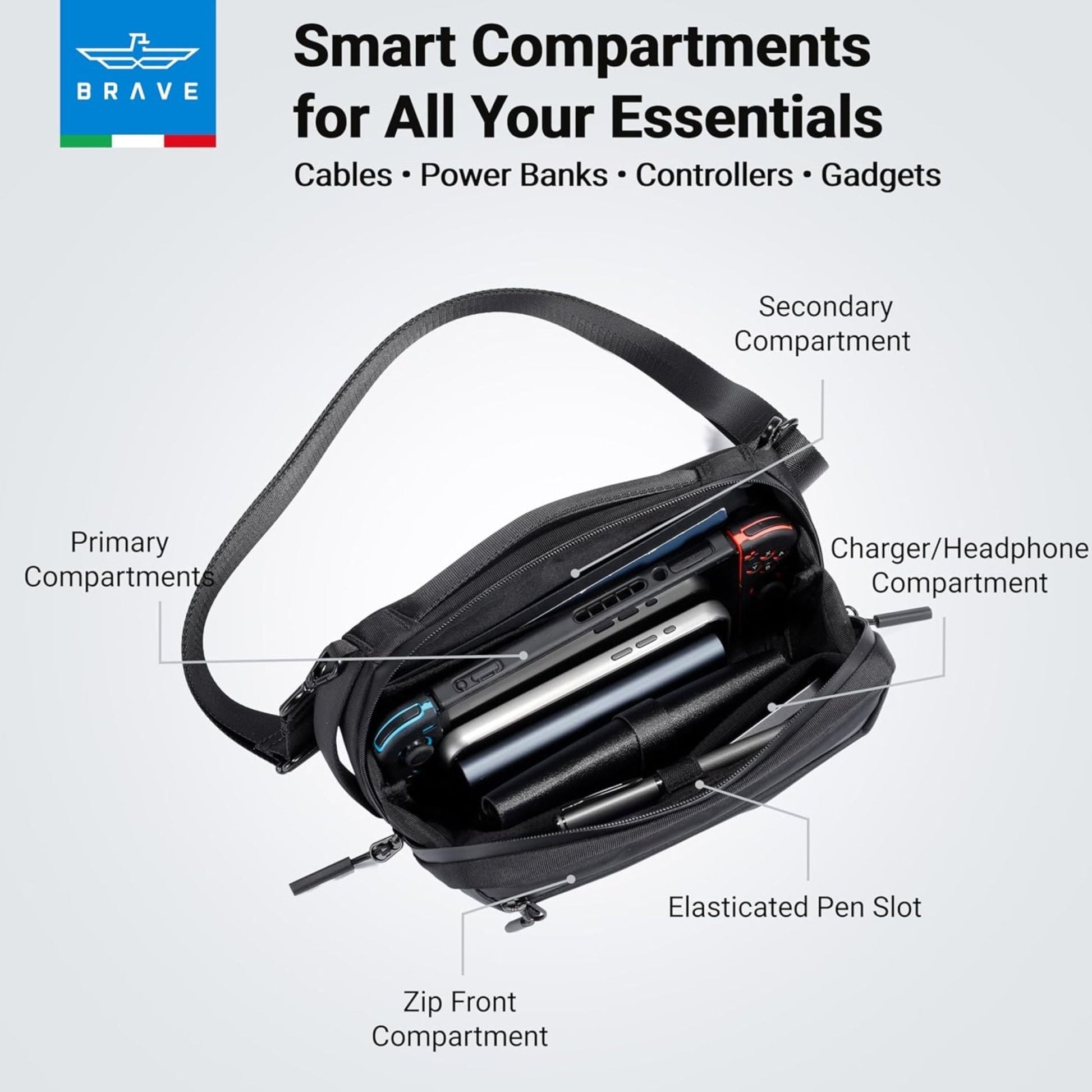 Brave Tech Pouch Organizer - Luxury Gadget Storage For Travel BTP-05 L - Black