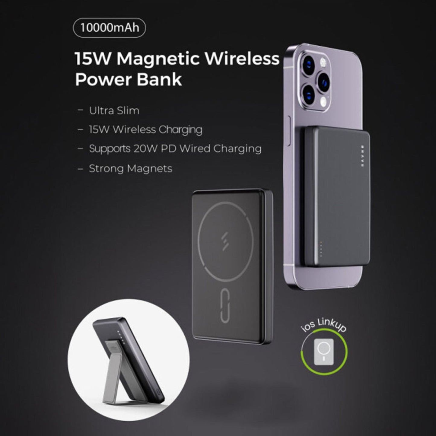 Brave Ultra Slim 5000mAh Magnetic Wireless Power Bank 20W With Stand - Black